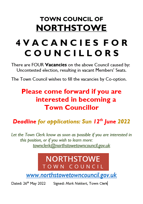 4 Town Councillor Vacancies - deadline 12th June for applications