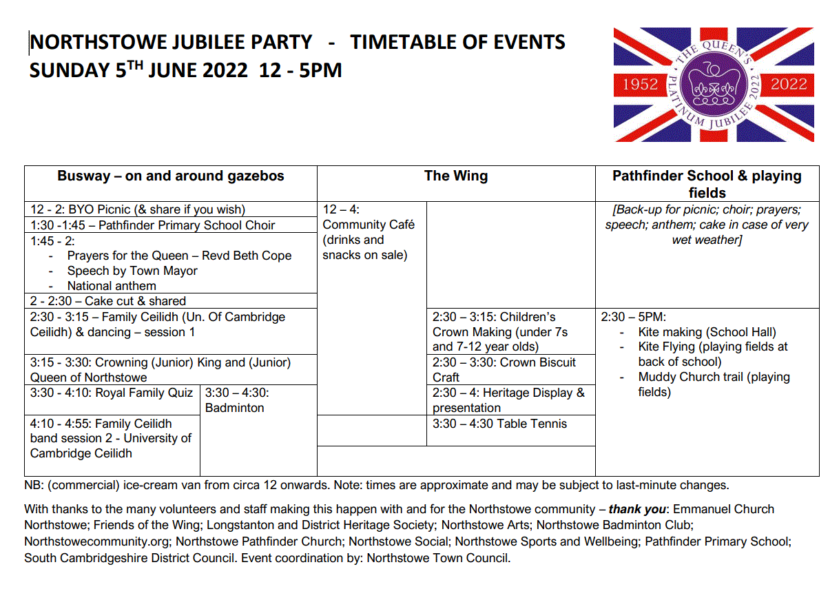 Northstowe Jubilee Party _TimeTable