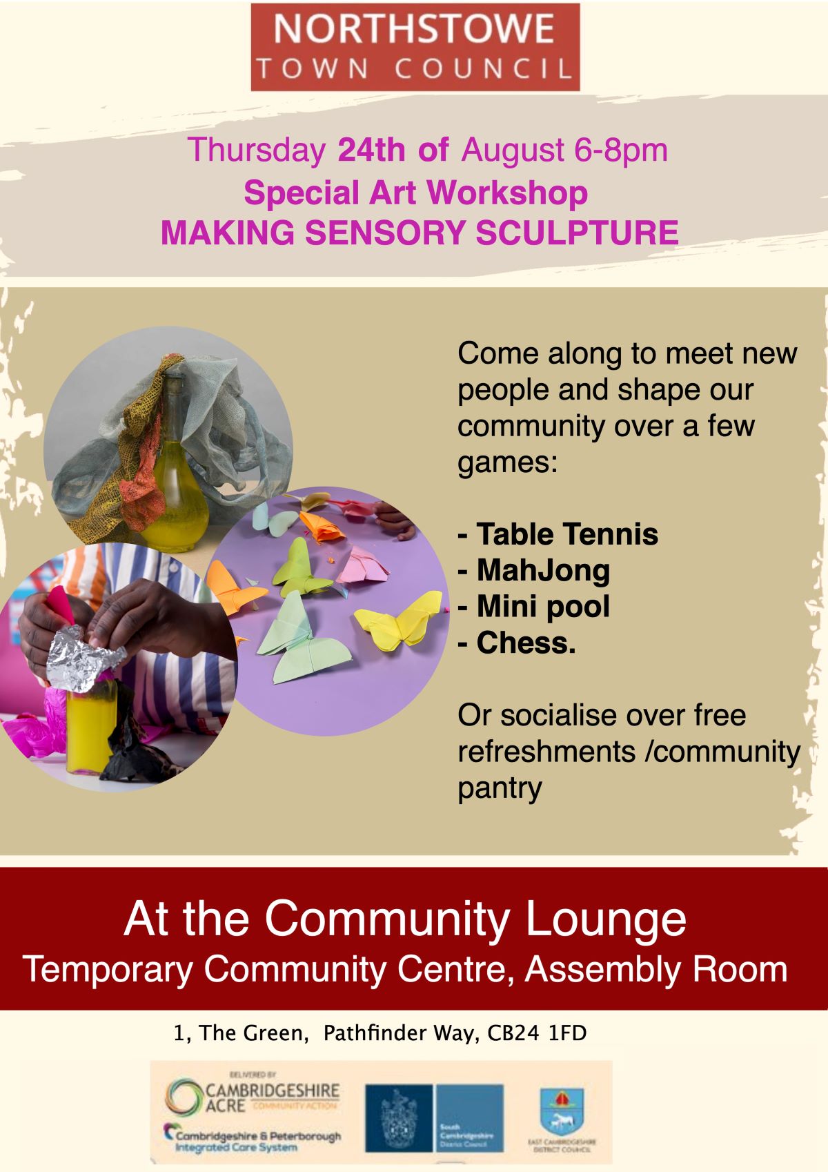 Art workshop to make sensory sculptures - 24th August at Community Lounge