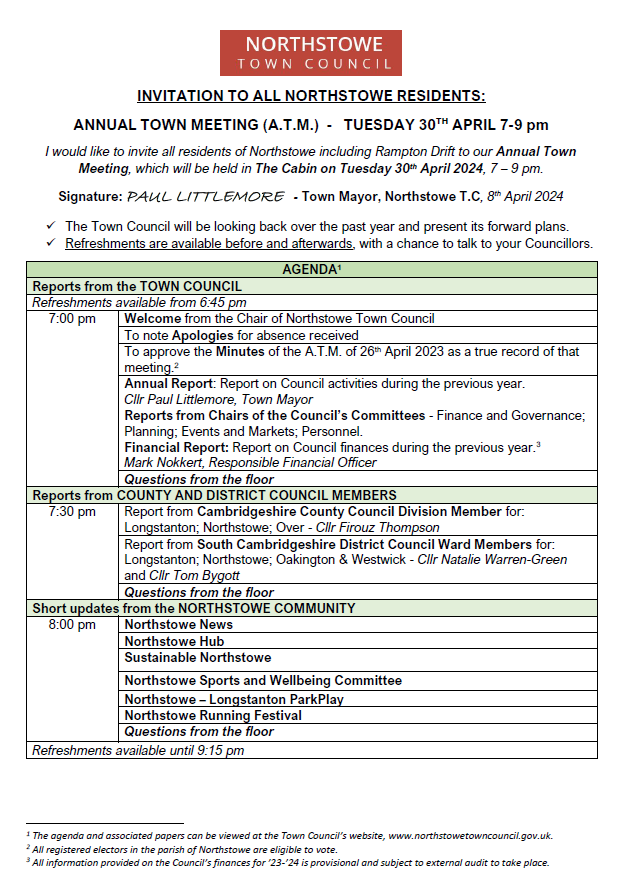 INVITATION TO ALL RESIDENTS: ANNUAL TOWN MEETING 30TH APRIL 2024 7-9 PM